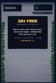 The abliterated Qwen3.8 SkiFree title screen: a gilded SKI FREE logo, an ABOMINABLE INTERSTATE tagline, a framed instruction panel, and detailed pine borders down both sides.
